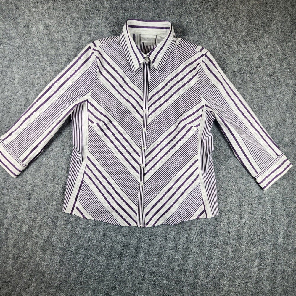 Worthington Stretch Womens Purple White Striped Button Down ShirtSize 14 3/4 Slv